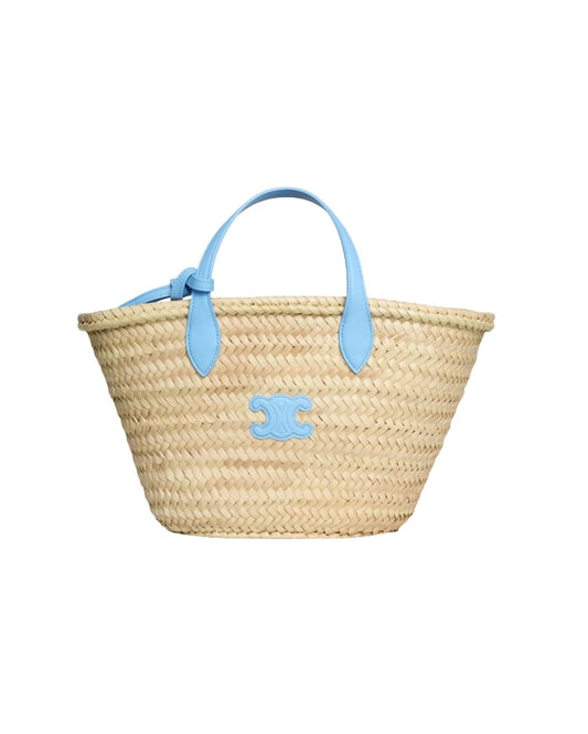 CELINE TEEN TRIOMPHE PANIER IN PALM LEAVES AND CALFSKIN, SKY BLUE